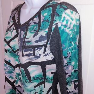 Parsley & Sage Abstract Teal and Gray Long Sleeve Top